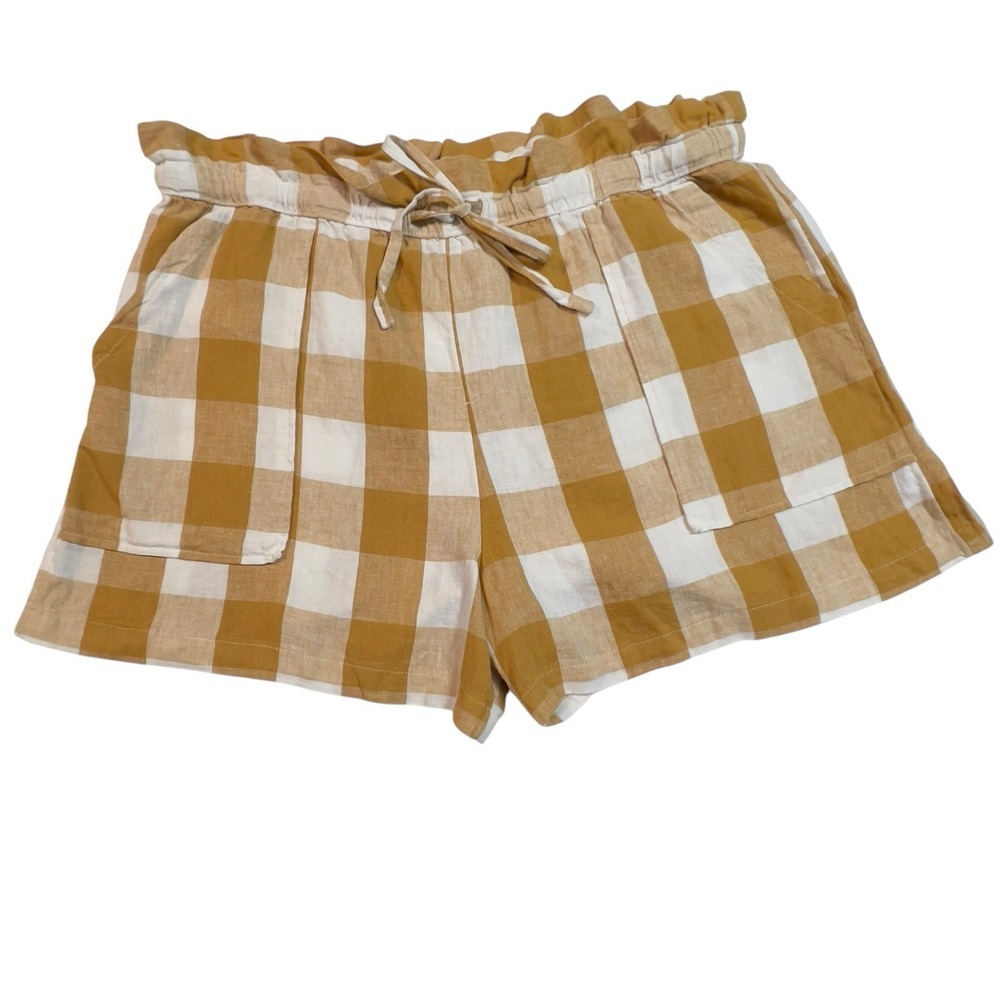 Who What Wear Gingham Honey‎ Mustard Linen Blend Paperbag Short Size XXL Ruffle